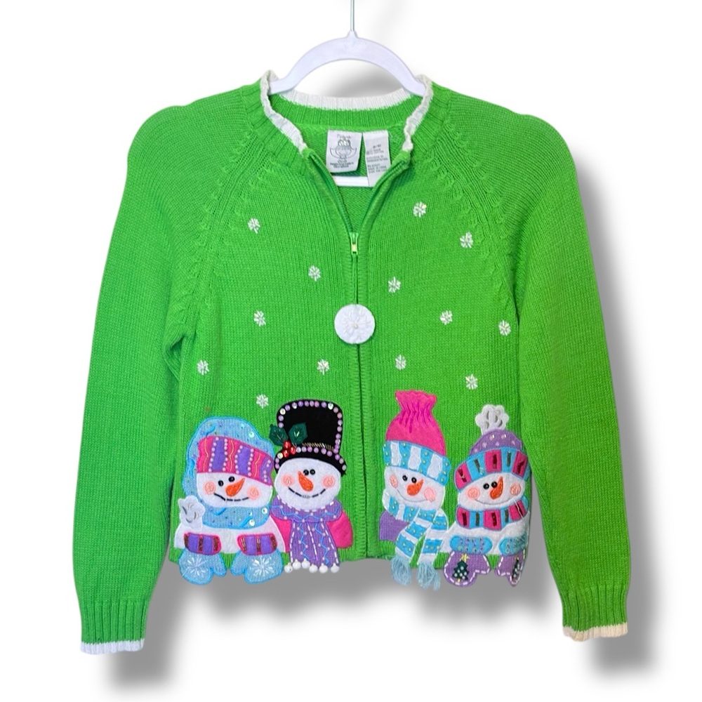 Tiara International Green Christmas Sweater Full Zipper & Beaded Snowmen Sz 8/10
